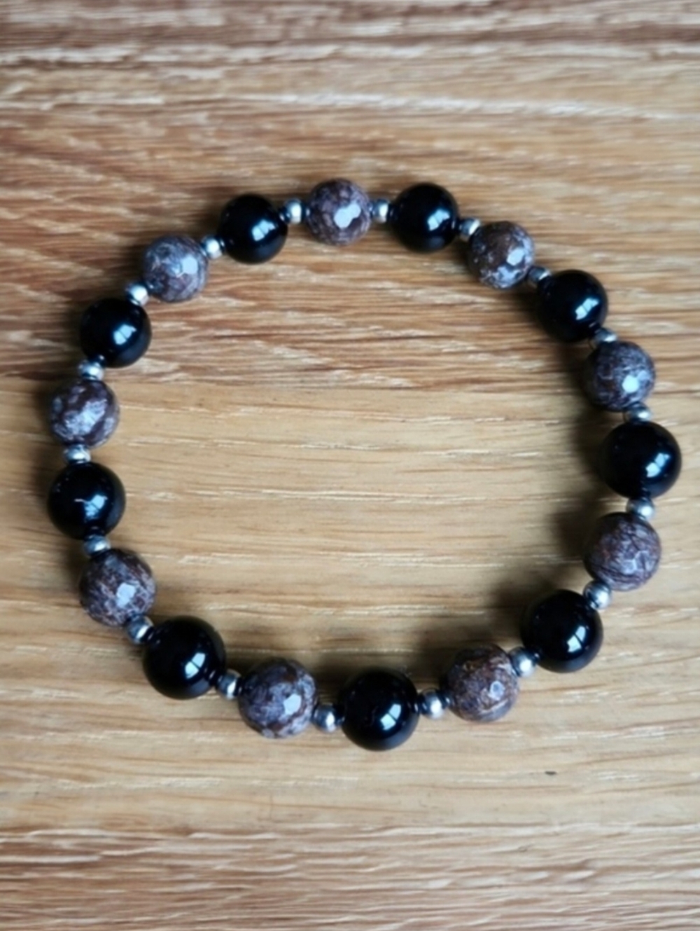 Black Onyx & Brown Snowflake Obsidian Beads Stretch Bracelet, Hand Crafted